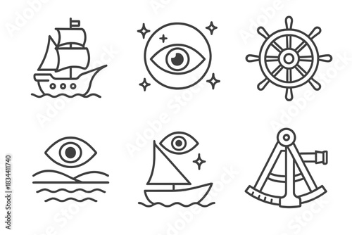 Predictive Voyage Icons. Line style icons of predictive voyage: seeing ship, oracle stars, prophetic wheel, divination sextant,