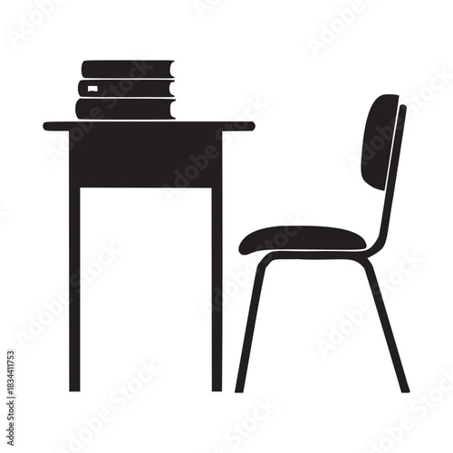 Simple silhouette of a solitary school desk and chair set with stacked textbooks ready for study or learning