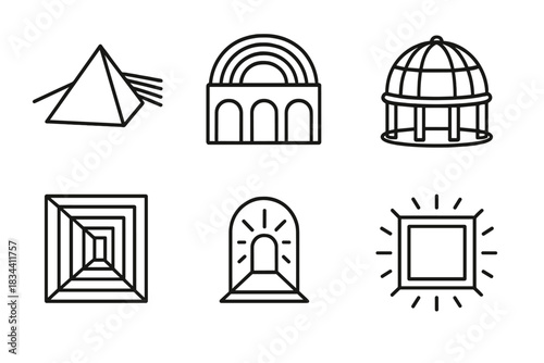 Spectral Architecture Icons. Line style icons of spectral architecture: prism roof, rainbow walls, glass dome, refracted corridors