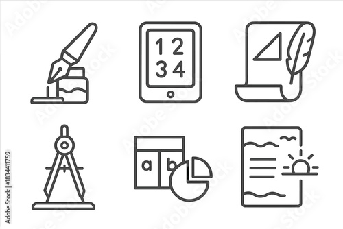 Mathematics Icon Set. Line style icons of landing mathematics writing: mooring pen, numeric tablet, geometry plume, docked compass