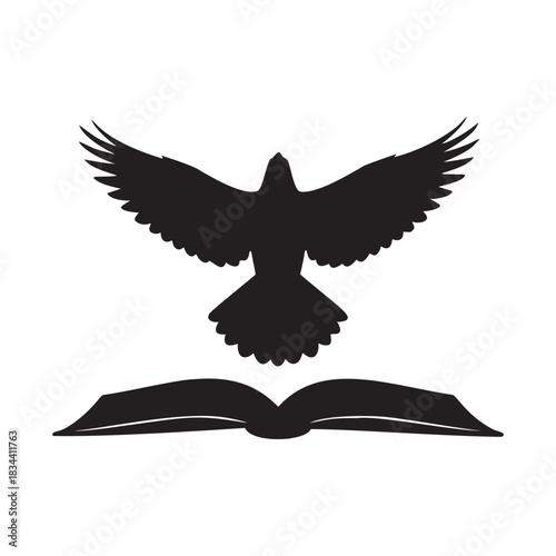 Stunning silhouette of a dove descending upon an open book representing faith, knowledge, and spiritual guidance