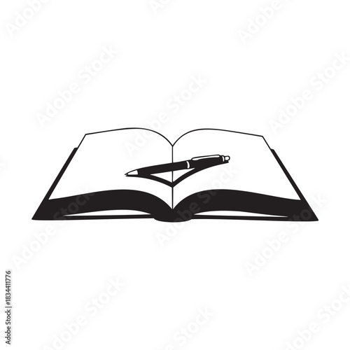 Elegant black and white icon symbolizing knowledge creation with an open book and writing pen ready for use