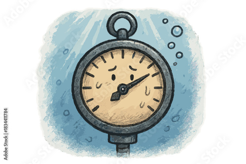 Deep Sea Tension. Adorable doodle depth gauge with a trembling needle, tiny bubbles and light rays showing deep-sea tension, No
