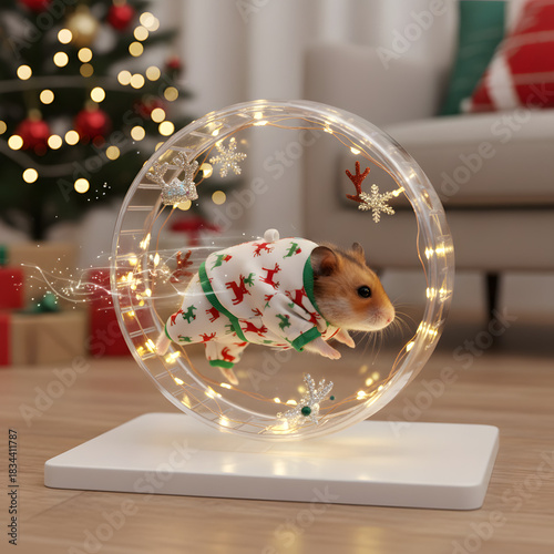 Hamster in reindeer tracksuit running in wheel decorated with christmas lights