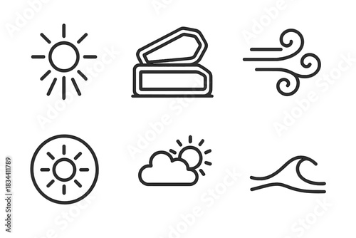 Solar Ritual Icons. Line style icons of solar burial wind ritual: heated rays, open sarcophagus, swirling sand, sun halo, changing