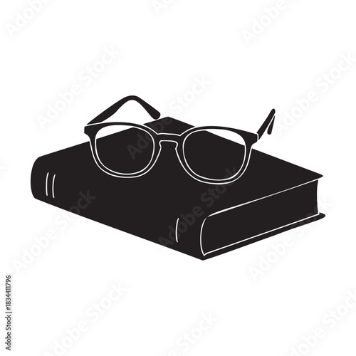 Elegant minimalist outline drawing of reading glasses resting atop a closed hardcover book against a dark background
