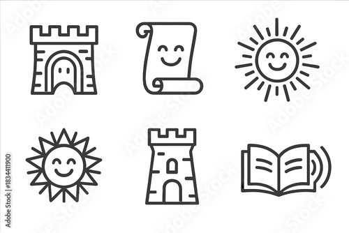Storytelling Joy Icons. Line style icons of storytelling joy rampart: illuminated gate, blissful scroll, smiling beam, radiant