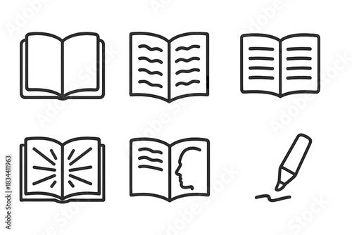 Intricate Manuscript Icons. Line style icons of frontline manuscript of likeness: open folio, mirrored script, balanced page,