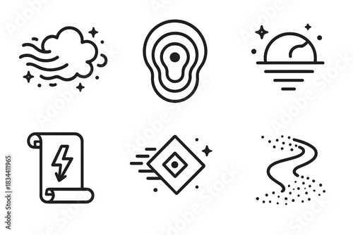 Mysterious Line Art Icons. Line style icons of transient ultimatum: glowing mist, dark echo, fading world, shadow decree, drifting