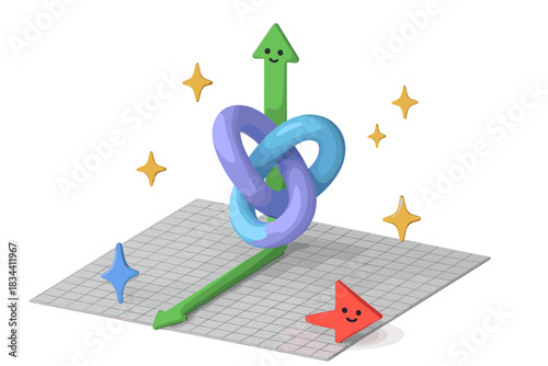 Floating Knot Symphony. A 3D axis grid with a floating knot shape gently rotating, surrounded by tiny smiling coordinate arrows