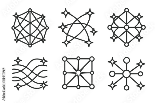Cosmic Lattice Icons. Line style icons of cosmic ideology lattices: luminous network, threaded stars, spiritual weave, radiant