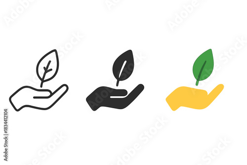 Edible Plant Icons. three minimal vector icons of a hand holding a leaf symbolizing wild edible identification, line outline style