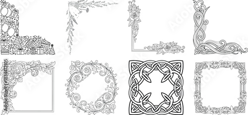 Collection of decorative floral and celtic borders and frames in black and white isolated on transparent background