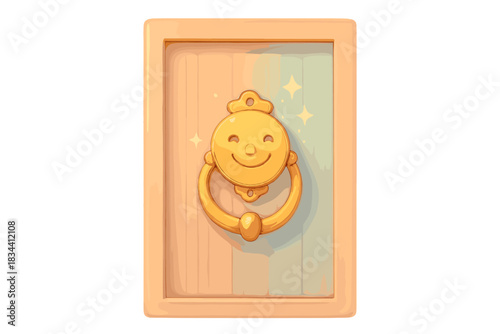 Sparkling Door Knocker. A smiling doorknocker casting tiny sparkles on a friendly door, soft harmonious pastel palette, No text,