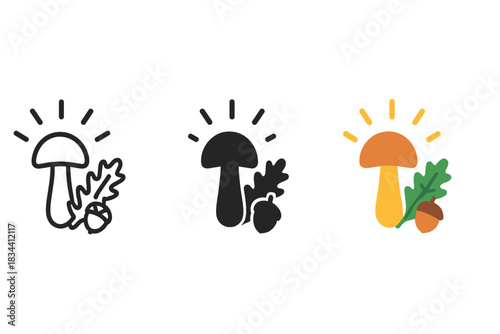 Glowing Forest Icons. three minimal vector icons of the forest floor glowing subtly to reveal a natural reward, line outline style