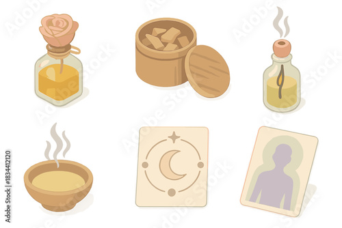 Esoteric Perfume Blending Icons. Isometric vector illustration set Esoteric perfume oil blending notes: rose absolute bottle,