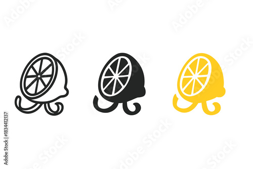 Lemon Icon Trio. three minimal vector icons of a lemon half with zest strips curling outward, line outline style, solid glyph