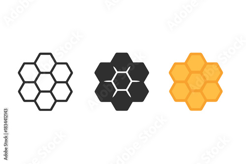 Abstract Basalt Icons. three minimal vector icons of an abstract basalt hive combining geology and natural geometry, line outline