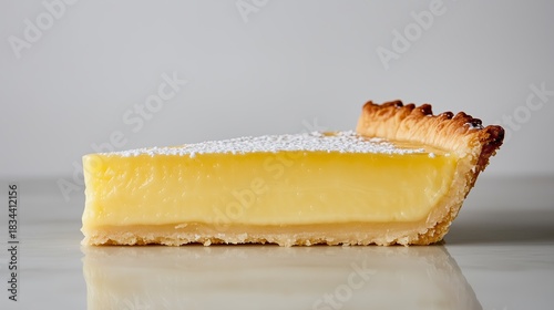 A slice of lemon tart rests on a marble surface