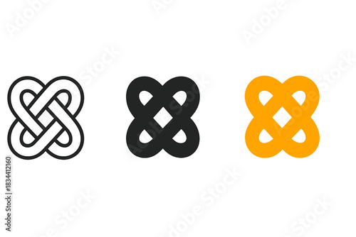 Abstract Knot Icons. three minimal vector icons of abstract knot loops representing shared creation and theory of unity, line
