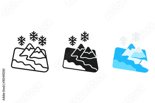 Cold Ecosystem Icons. three minimal vector icons of a cold ecosystem map showing icy terrains inhabited by psychrophiles, line