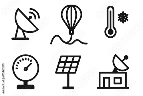 High-Altitude Balloon Icons. Line style icons of High-Altitude Ballooning: tracking antenna, balloon flight path, temperature