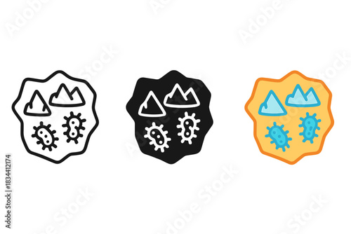 Glacial Microbe Iconography. three minimal vector icons of an abstract map merging glacial formations and living cold-tolerant