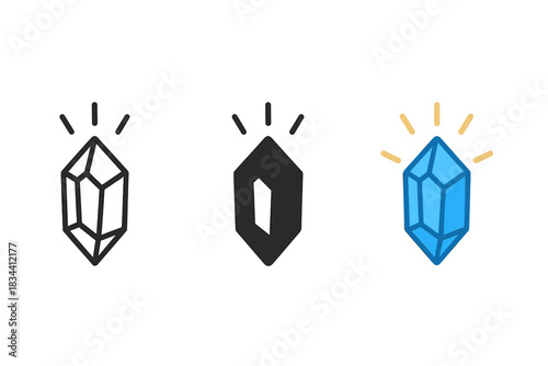 Hematite Crystal Icons. three minimal vector icons of hematite crystal facets reflecting surrounding light beams, line outline