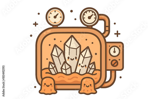 Happy Crystal Chamber. Cute doodle vector of happy crystals forming inside a warm chamber with gauges, dials, and smiling lava