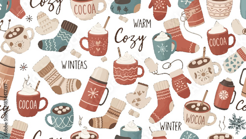 Cozy winter seamless pattern with hand-drawn hot cocoa mugs, warm socks, and mittens.