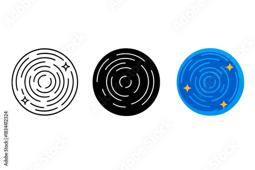 Star Trails Perspectives. Camera lens perspective capturing star trails as continuous circular streaks, first in line style with