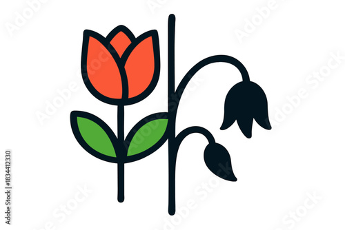 Symbolic Organism Transformation. Creative organism composed of two merged symbols, one thriving, one fading, first in line style