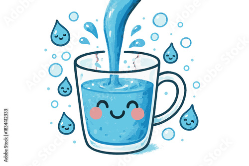 Joyful Clean Water. A cup filling from a filtered stream, with happy droplets and doodle bubbles symbolizing clean water joy, No