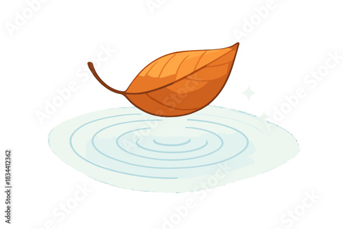 Floating Leaf Serenity. A floating leaf gently stopping on calm water, forming a subtle pause impression, surrounded by tiny
