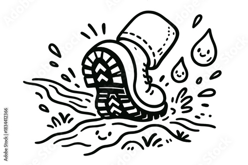 Smiling Ripple Footprint. A boot print crossing a small river, with smiling ripples and doodle droplets around the sole, friendly