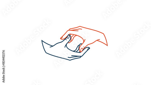 Illustration of two hands, one blue and one red, reaching towards each other.