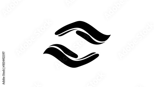A black and white graphic logo featuring two stylized hands, one above the other, creating a symmetrical, flowing design.