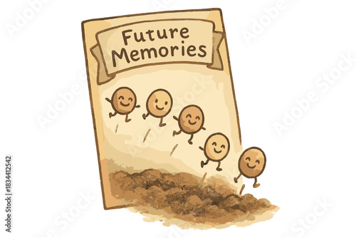 Whimsical Hopping Seeds. A seed packet labeled “Future Memories” with tiny seeds hopping into soil, each with cheerful doodle