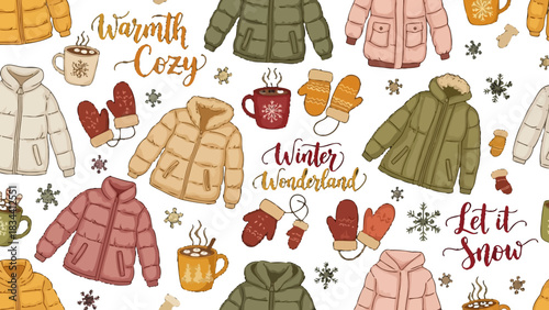 Winter themed pattern with jackets, mittens, hot drinks and snowflakes on white background.