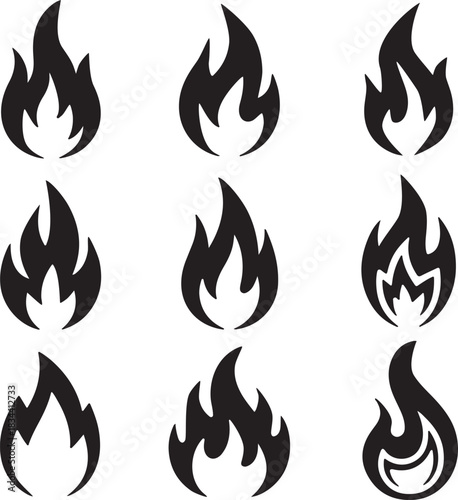 Collection of nine stylized black silhouette flame icons representing different shapes and intensities of fire on a white background