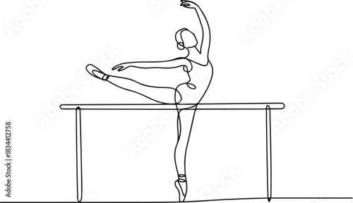 One continuous single drawing line art flat doodle ballet, person, ballet dancer, grace, indoor, practicing, dancer, flexibility, barre. one line Icon drawing