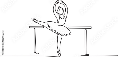 One continuous single drawing line art flat doodle ballet, person, ballet dancer, grace, indoor, practicing, dancer, flexibility, barre. one line Icon drawing