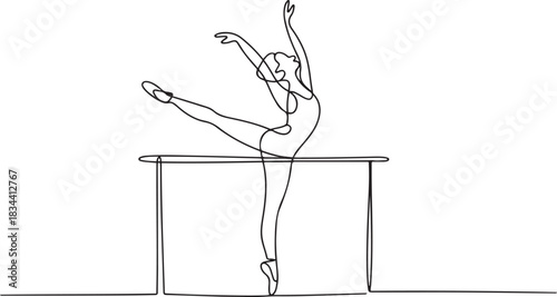 One continuous single drawing line art flat doodle ballet, person, ballet dancer, grace, indoor, practicing, dancer, flexibility, barre. one line Icon drawing