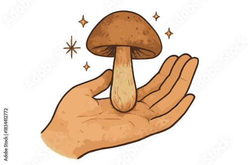 Whimsical Mushroom Foraging. A hand gently holding a mushroom with tiny doodle sparkles and a happy “shared with nature” vibe,
