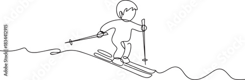 One continuous single drawing line art flat doodle snow, child, kid, winter, outdoor, sport, white, ski, mountain. one line Icon drawing