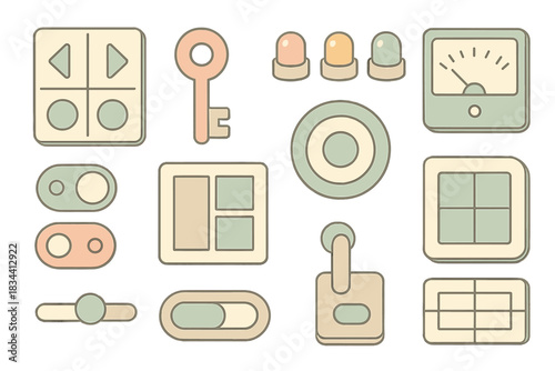 Retro Interface Icons. Isometric vector illustration set Obsolete interface symbology: retro input marks, mechanical key icons,