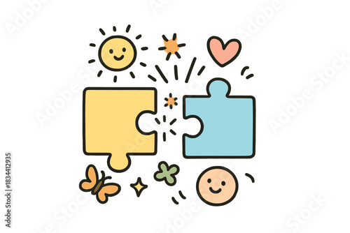 Grammar Puzzle Connection. A grammar concept illustrated as a puzzle piece snapping into place, tiny happy doodle icons around the