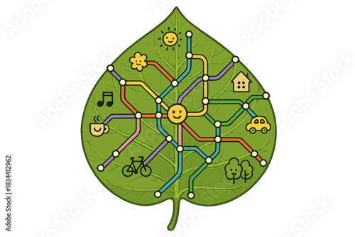 Leaf Subway Map. A leaf whose veins form a subway map, tiny happy doodle icons representing stations and routes, playful