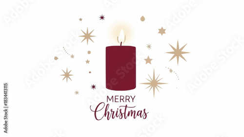 Elegant Christmas Candle with festive design and warm wishes. A single burning candle surrounded by twinkling stars and the words Merry Christmas gracefully inscribed below. 