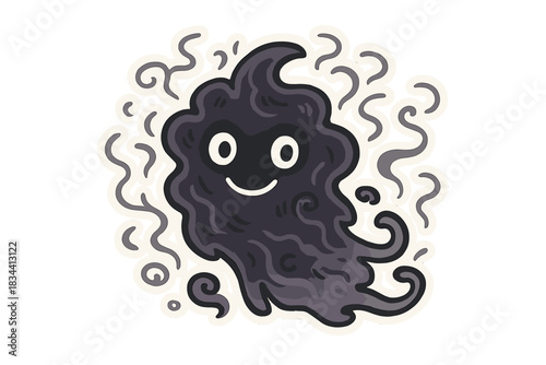 Whimsical Shadowy Creature. A shadowy creature made of whispers and rumors, friendly smiling eyes, soft flowing forms, limited